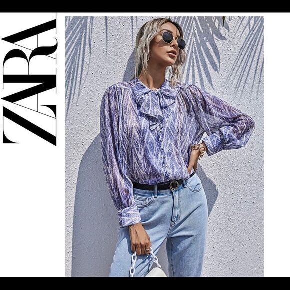 Zara blue metallic gold thread Tie Neck Button Up Blouse Sz S - Picture 1 of 14